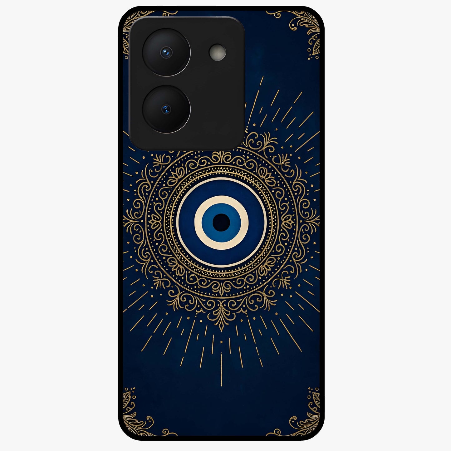 Golden Evil Eye Mandala Glass Case showing flat back view with intricate evil eye mandala artwork and glossy glass finish.