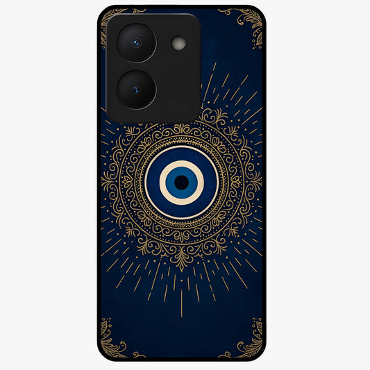 Golden Evil Eye Mandala Glass Case showing flat back view with intricate evil eye mandala artwork and glossy glass finish.