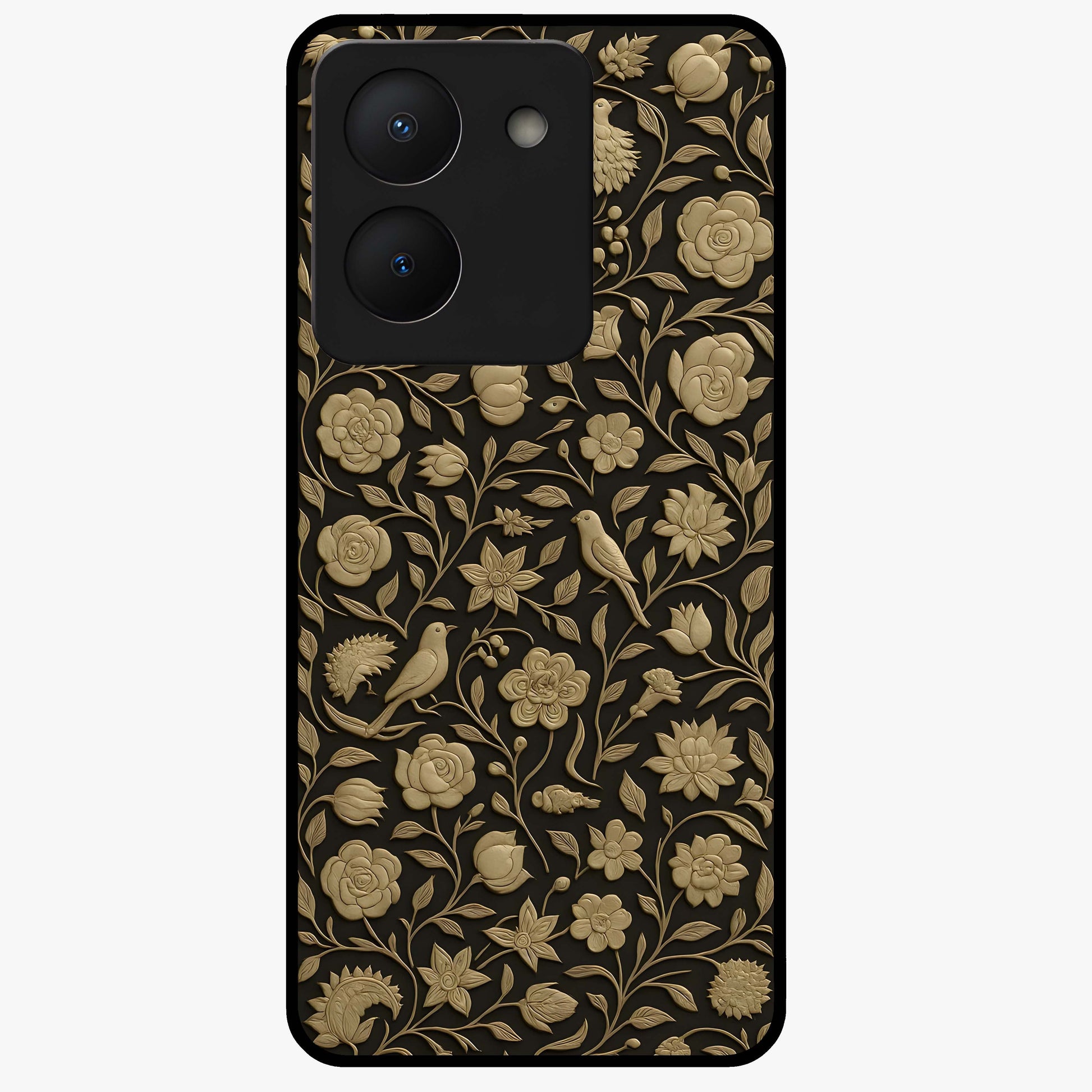 Golden Floral Majesty Glass Case showing flat back view with luxurious golden floral artwork and glossy glass finish.