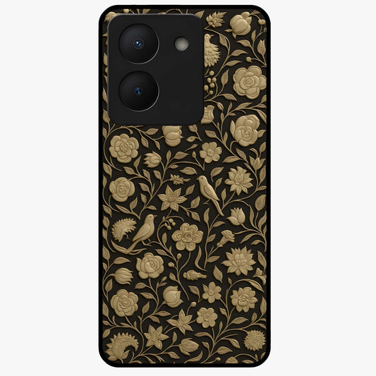 Golden Floral Majesty Glass Case showing flat back view with luxurious golden floral artwork and glossy glass finish.