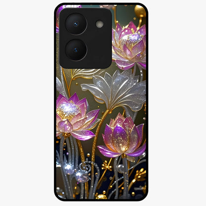 Golden Lotus Glow Glass Case showing flat back view with glowing lotus flower artwork and glossy glass finish.