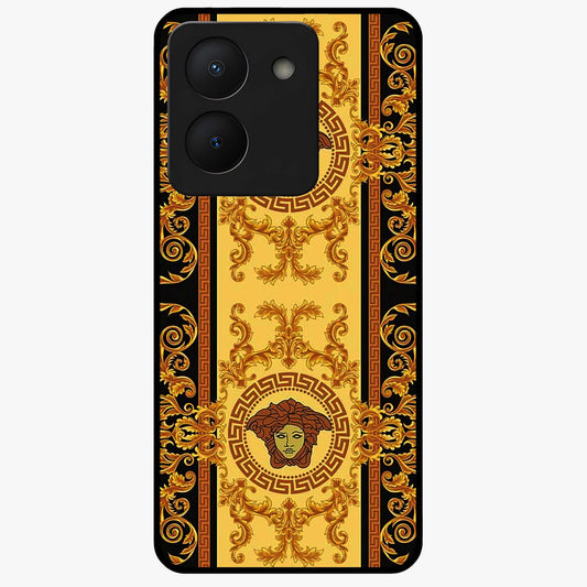 Golden Royal Heritage Glass Case showing flat back view with ornate royal pattern artwork and glossy glass finish.