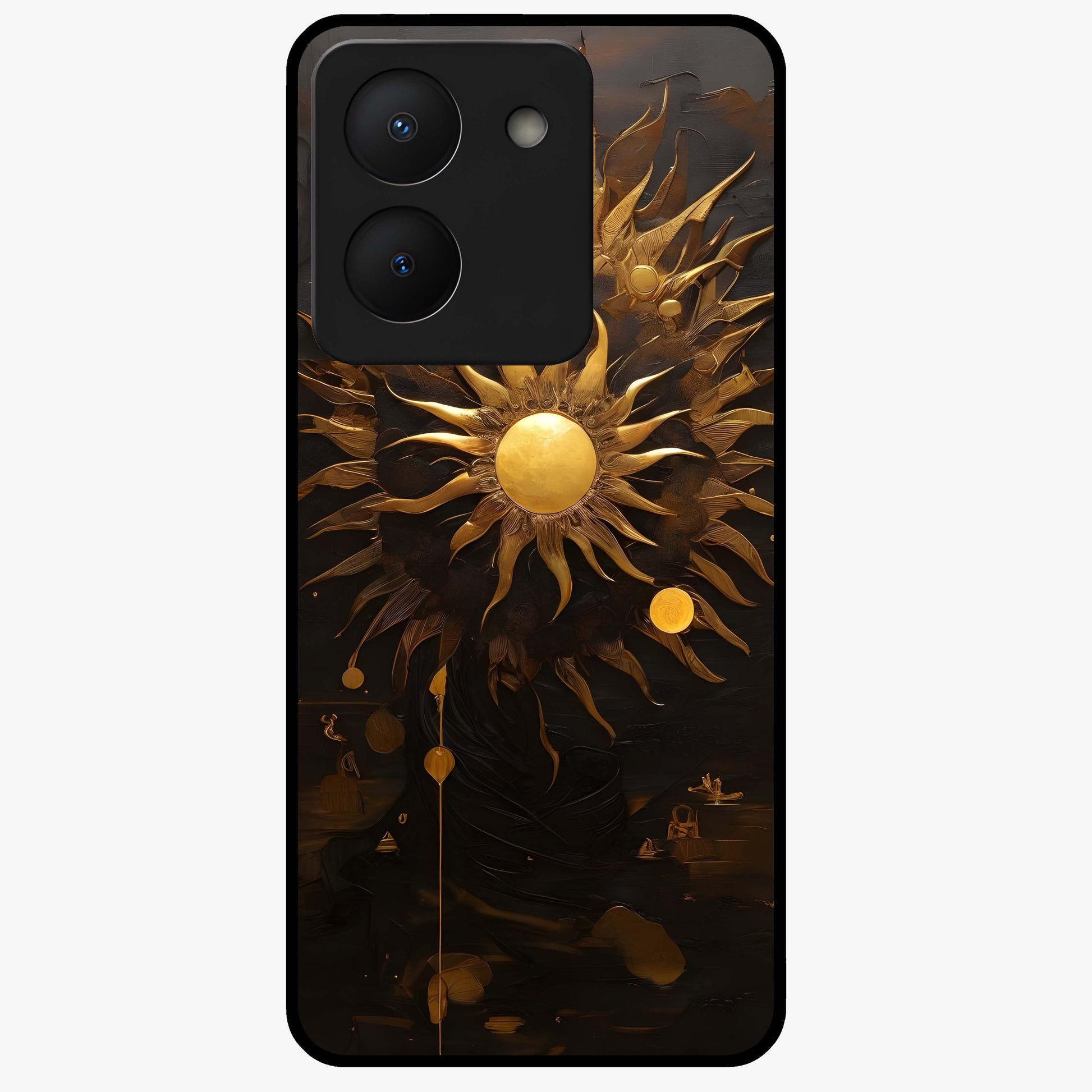 Golden Sun Majesty Glass Case showing flat back view with radiant golden sun artwork and glossy glass finish.