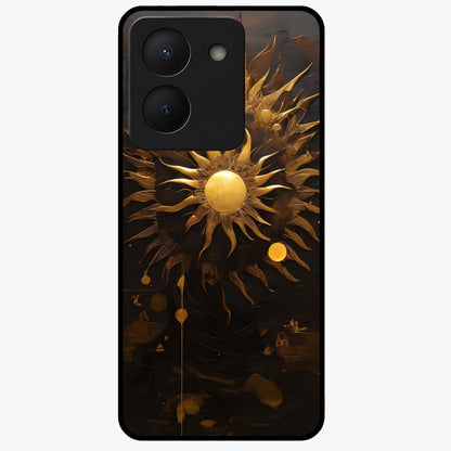 Golden Sun Majesty Glass Case showing flat back view with radiant golden sun artwork and glossy glass finish.