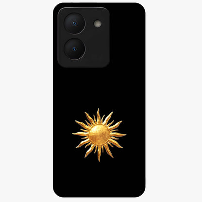 Golden Sun Minimalism Glass Case showing flat back view with minimal golden sun artwork and glossy glass finish.
