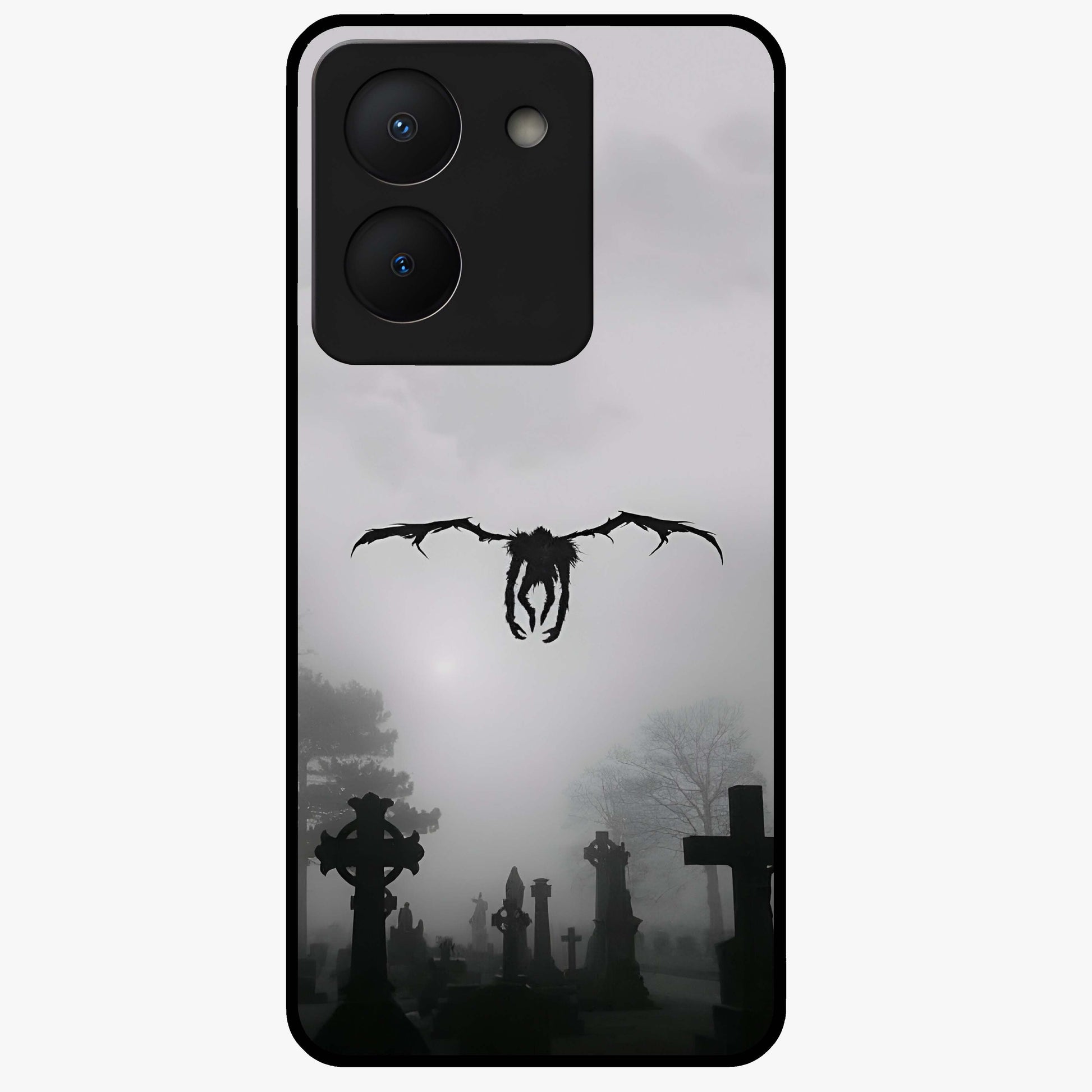 Graveyard Shadow Descent Glass Case showing flat back view with dark graveyard themed artwork and glossy glass finish.