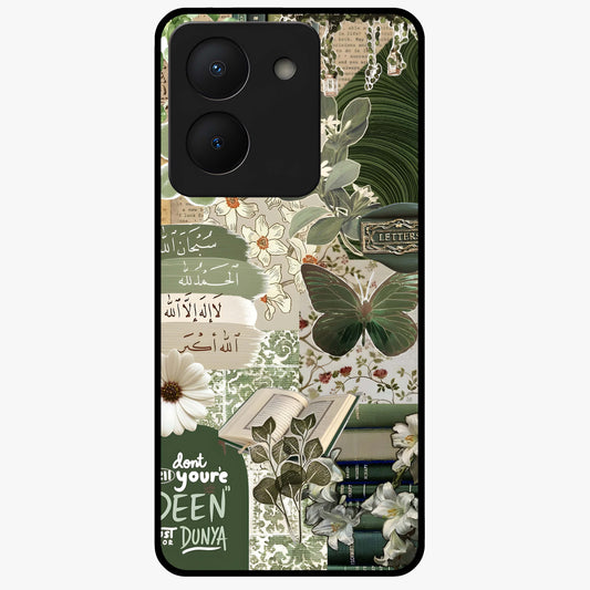 Green Islamic Books Quotes Glass Case showing flat back view with Islamic quotes and book themed artwork and glossy glass finish.