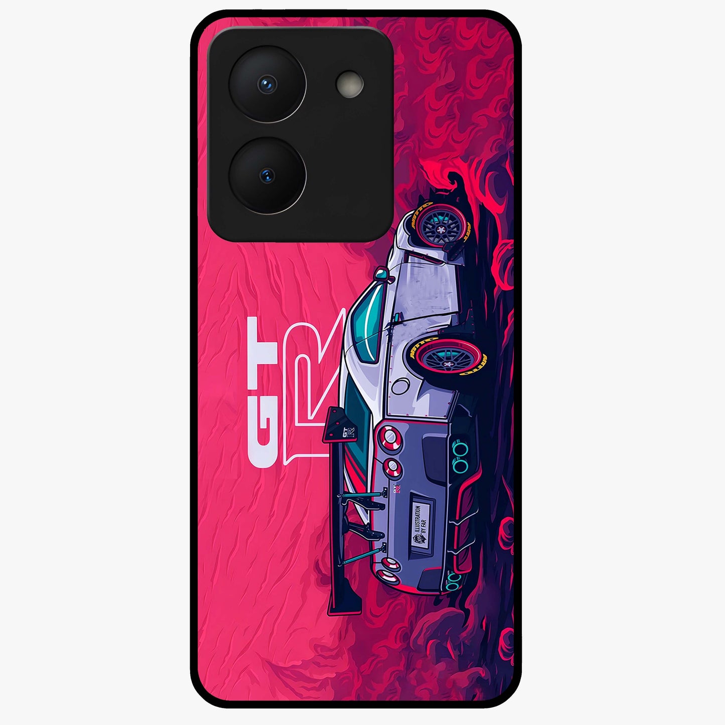 GT-R Car Pattern Glass Case showing flat back view with sporty car inspired pattern artwork and glossy glass finish.