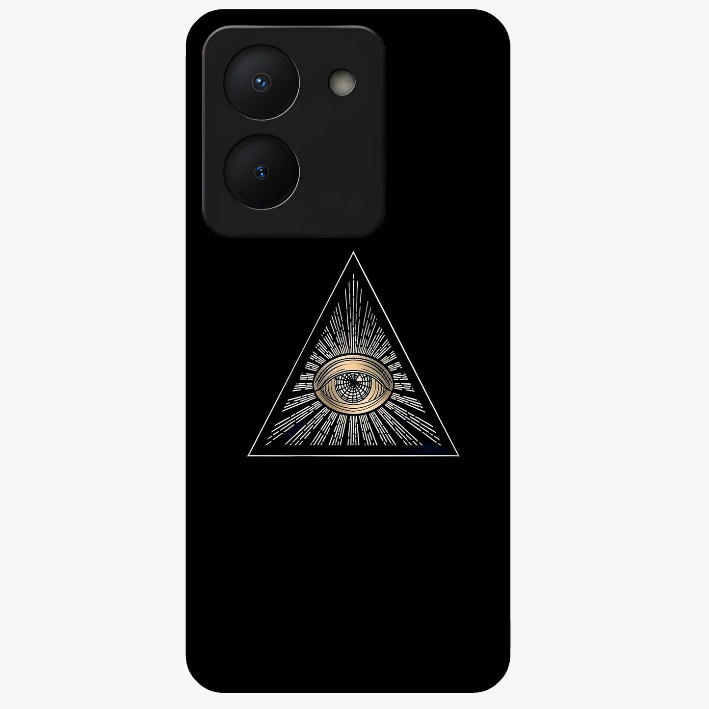Illuminati Evil Glass Case showing flat back view with mysterious illuminati symbol artwork and glossy glass finish.