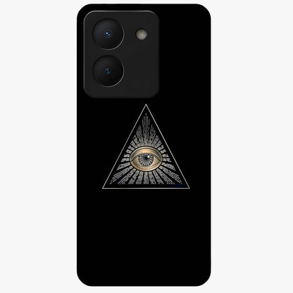 Illuminati Evil Glass Case showing flat back view with mysterious illuminati symbol artwork and glossy glass finish.