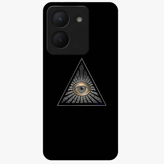 Illuminati Evil Glass Case showing flat back view with mysterious illuminati symbol artwork and glossy glass finish.