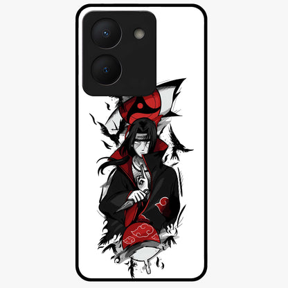 Itachi Sharingan Glass Case showing flat back view with powerful anime eye artwork and glossy glass finish.