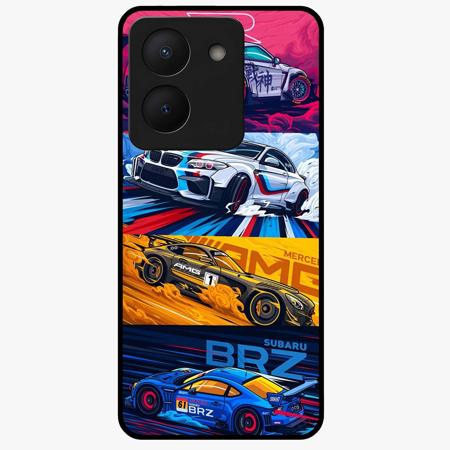 JDM Sports Car Glass Case showing flat back view with high performance sports car artwork and glossy glass finish.