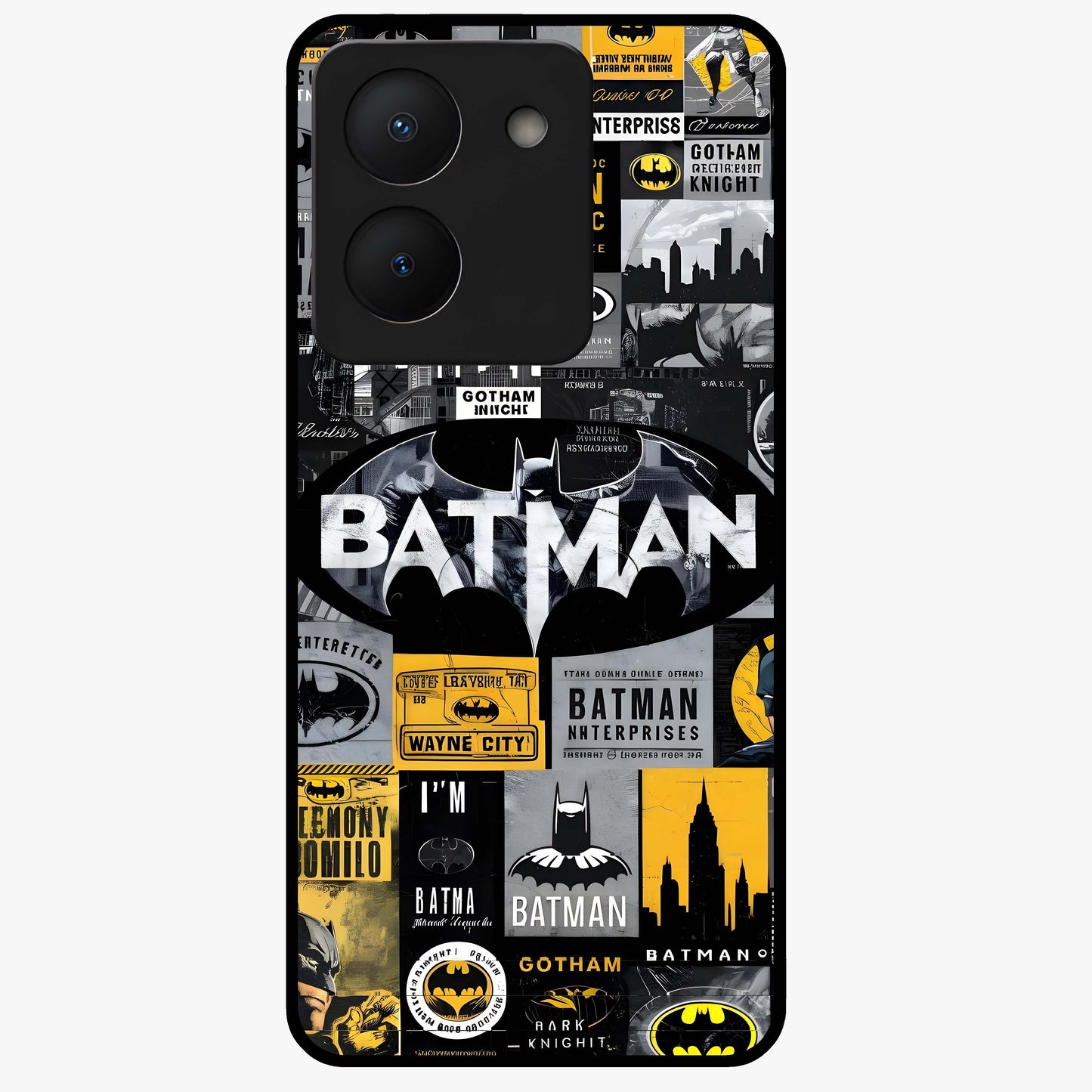 Knight Gotham Rise Glass Case showing flat back view with dark hero inspired artwork and glossy glass finish.