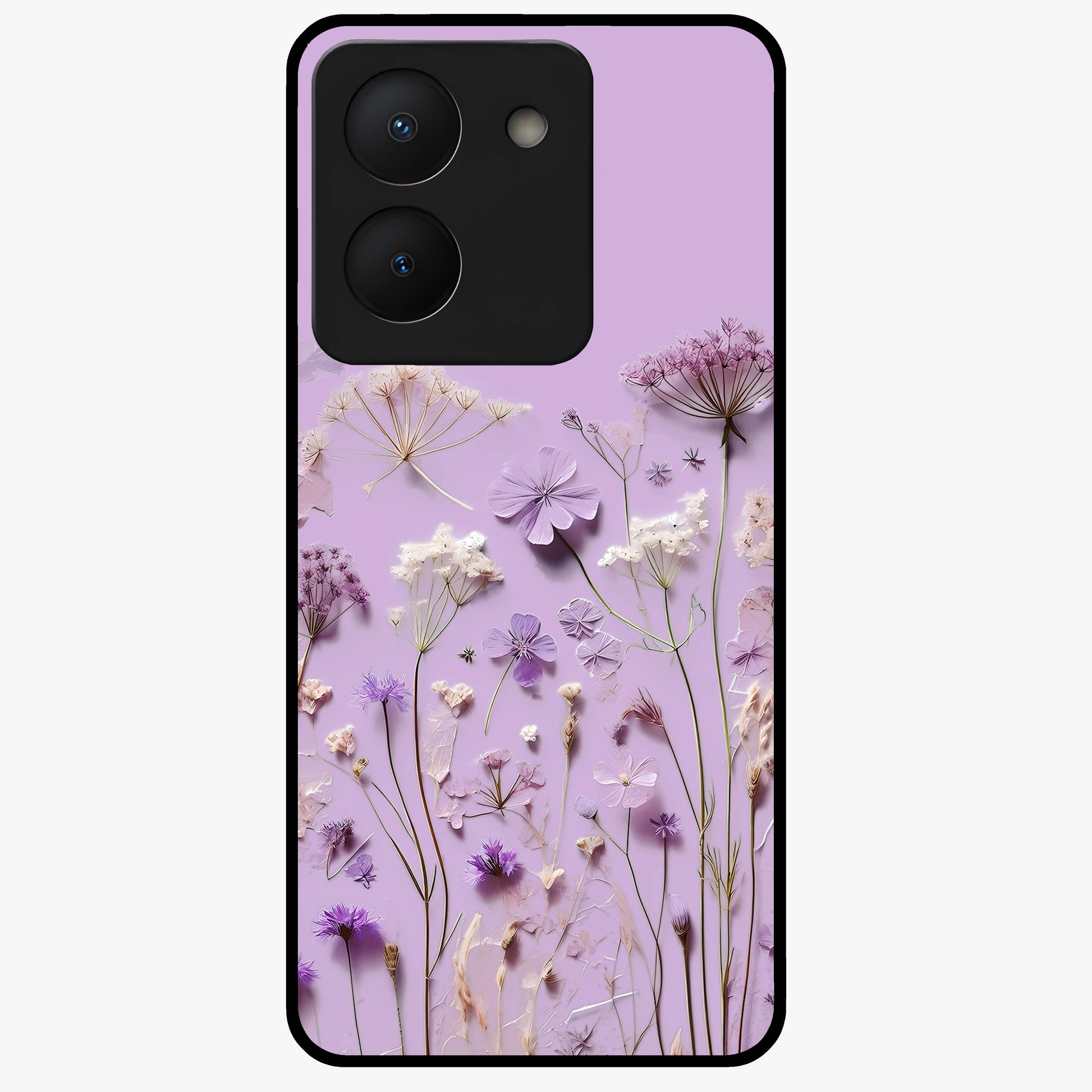 Lavender Blossom Dream Glass Case showing flat back view with soft lavender floral artwork and glossy glass finish.