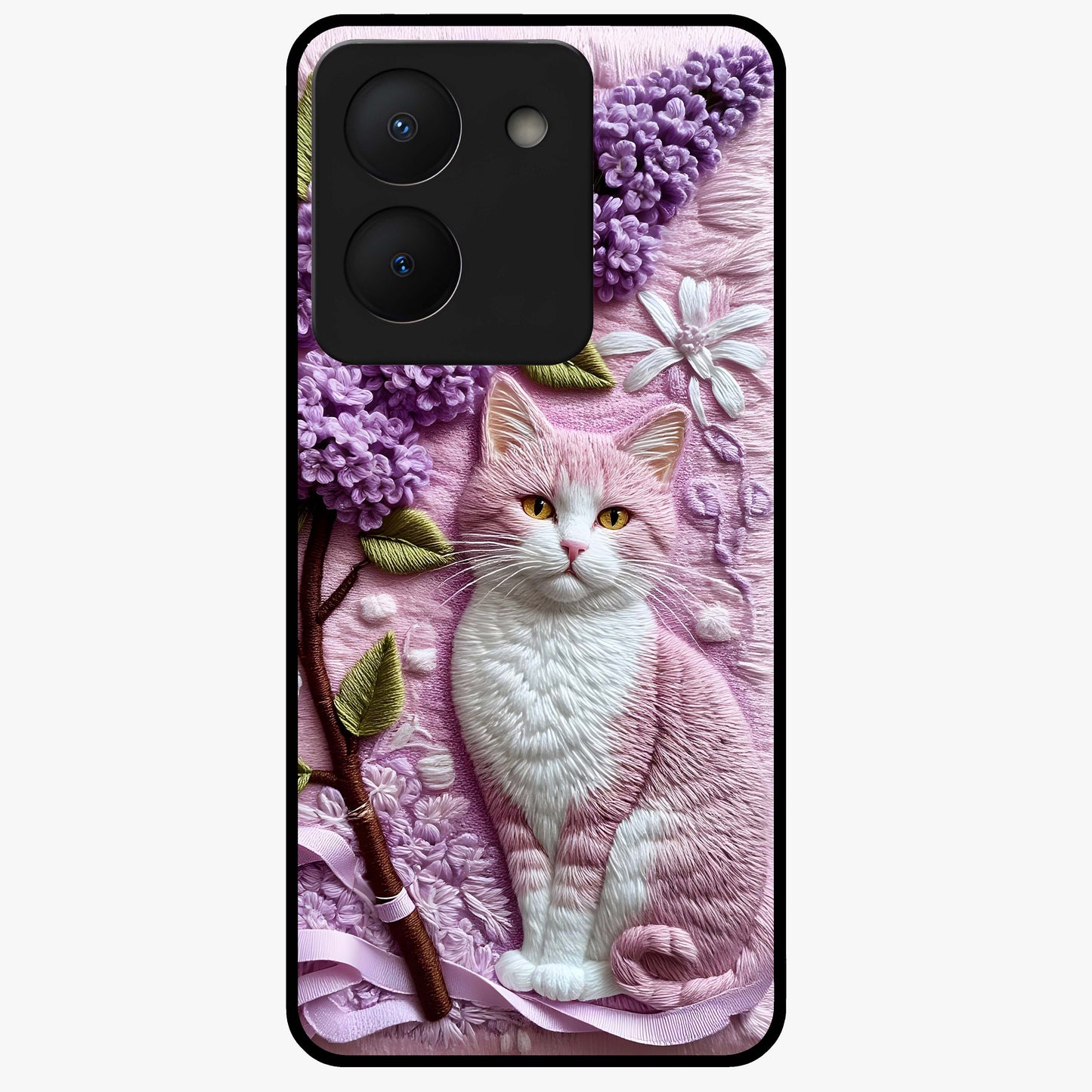 Lavender Cat Whimsy Glass Case showing flat back view with cute lavender cat artwork and glossy glass finish.