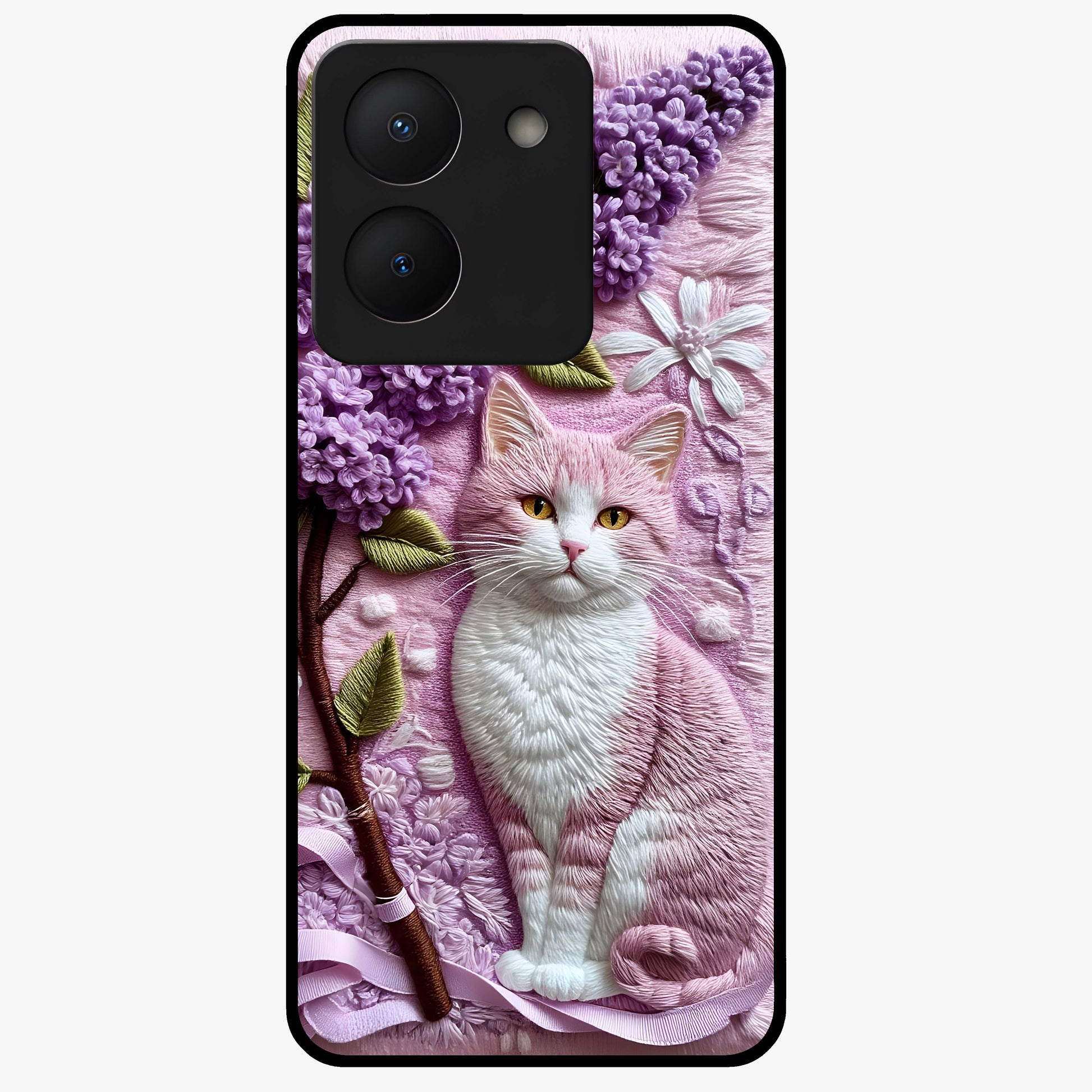 Lavender Cat Whimsy Glass Case showing flat back view with cute lavender cat artwork and glossy glass finish.