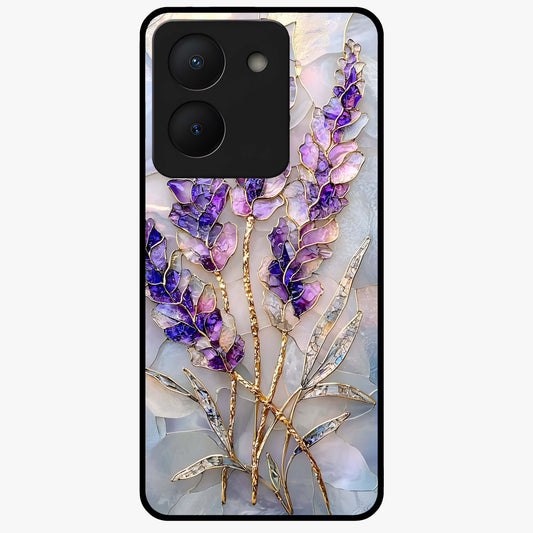 Lavender Dream Glow Glass Case showing flat back view with glowing lavender aesthetic artwork and glossy glass finish.