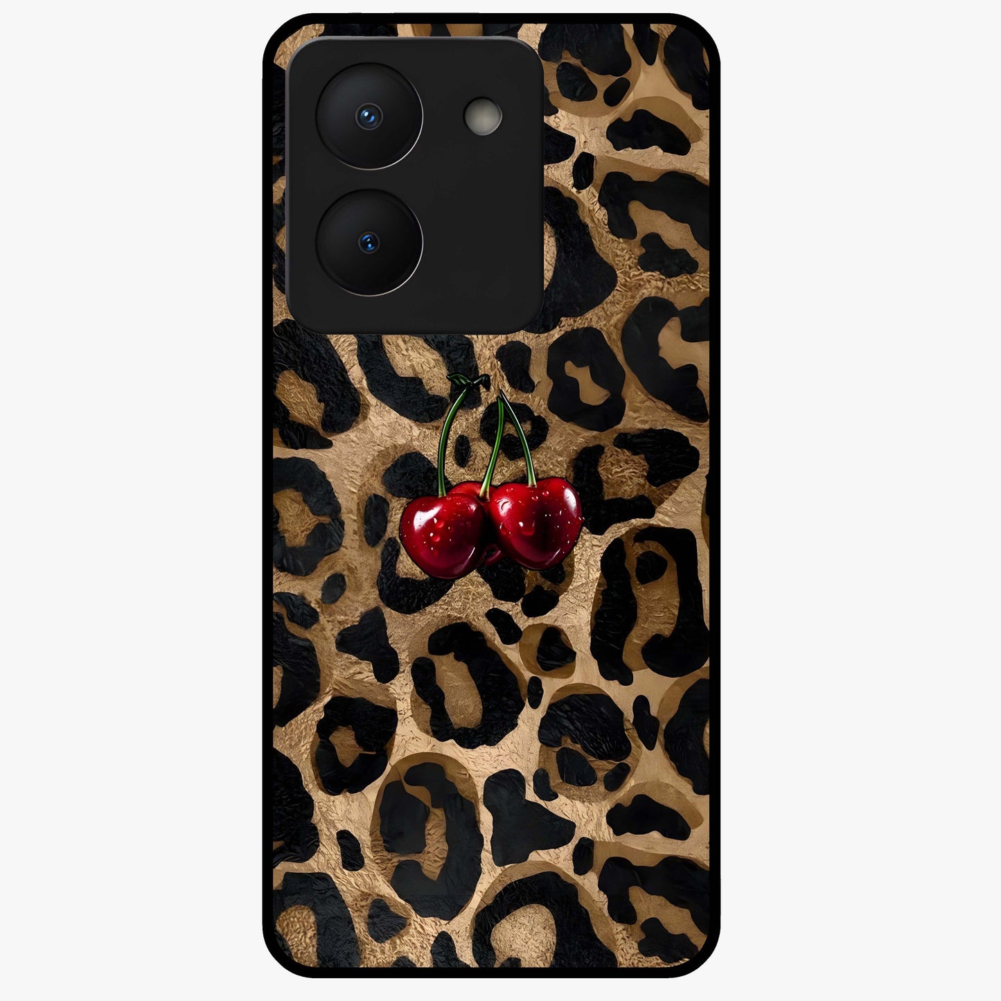 Leopard Wild Cherry Glass Case showing flat back view with leopard pattern and cherry artwork and glossy glass finish.