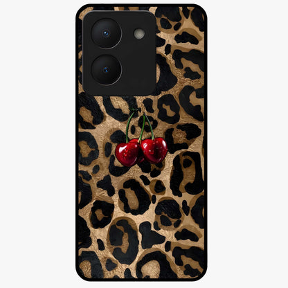 Leopard Wild Cherry Glass Case showing flat back view with leopard pattern and cherry artwork and glossy glass finish.