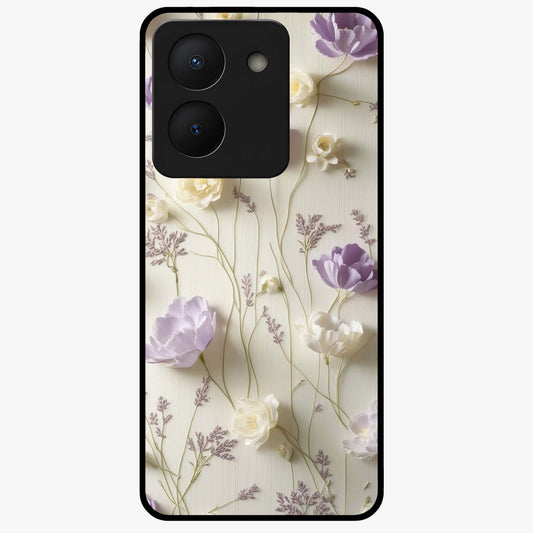 Lilac Breeze Harmony Glass Case showing flat back view with soft lilac themed artwork and glossy glass finish.