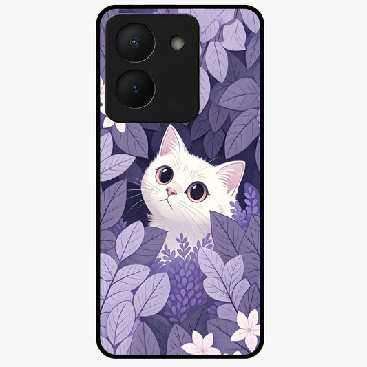 Lilac Hide Peek Cat Glass Case showing flat back view with cute peeking cat artwork and glossy glass finish.