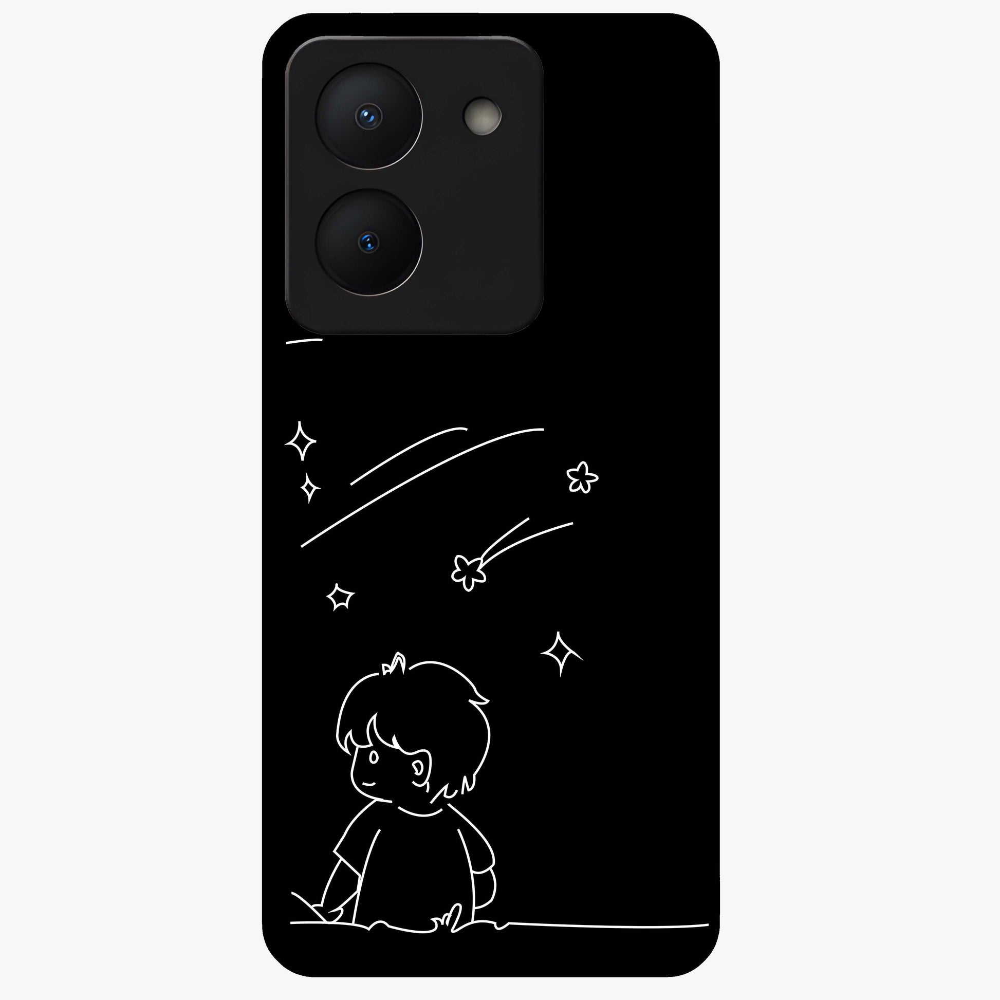 Line Art Boy With Shooting Stars Glass Case showing flat back view with minimal line art boy and shooting stars illustration and glossy glass finish.