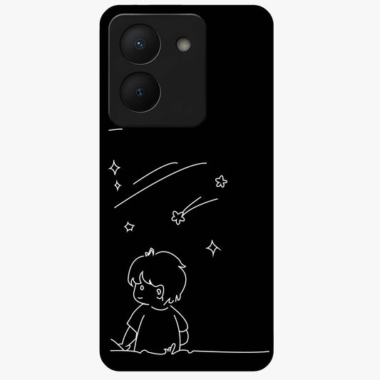 Line Art Boy With Shooting Stars Glass Case showing flat back view with minimal line art boy and shooting stars illustration and glossy glass finish.