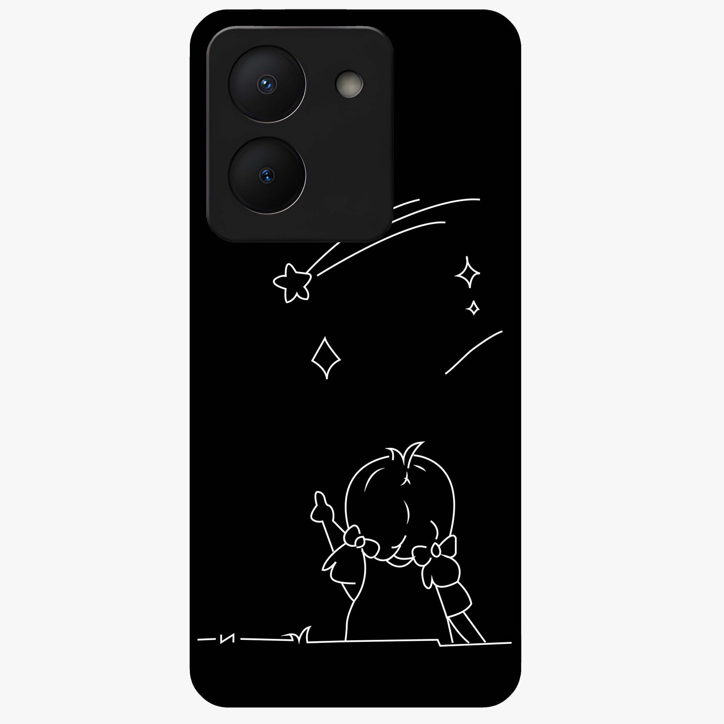 Line Art Girl With Shooting Stars Glass Case showing flat back view with minimal line art girl and shooting stars illustration and glossy glass finish.