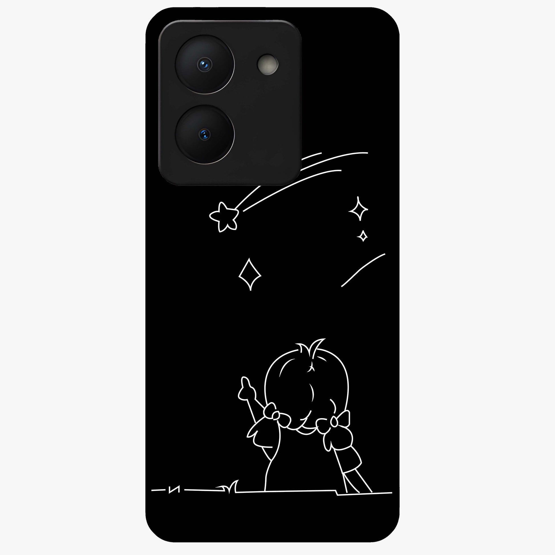 Line Art Girl With Shooting Stars Glass Case showing flat back view with minimal line art girl and shooting stars illustration and glossy glass finish.