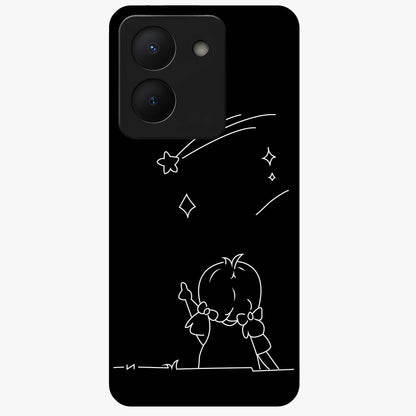 Line Art Girl With Shooting Stars Glass Case showing flat back view with minimal line art girl and shooting stars illustration and glossy glass finish.