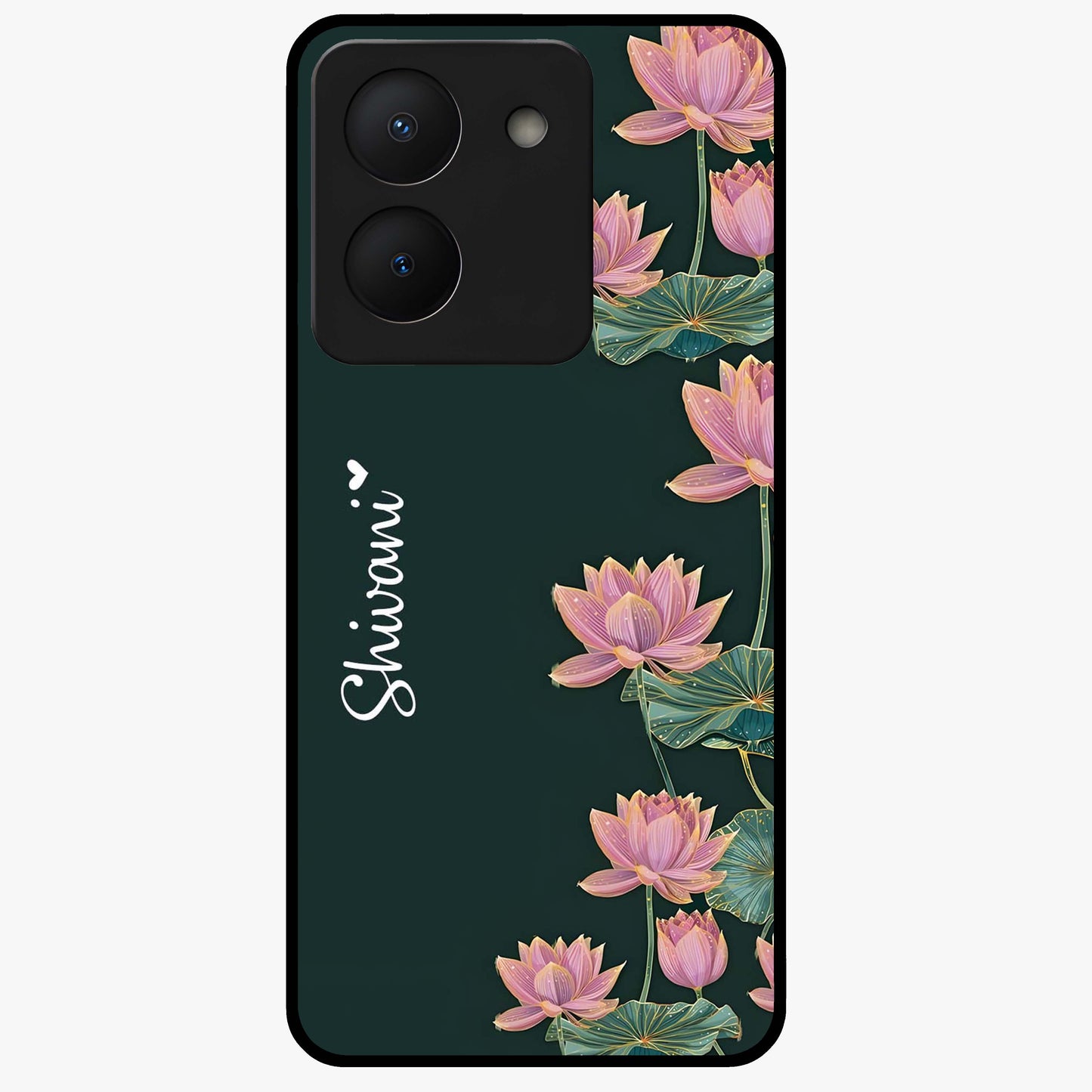 Lotus Bloom Serenity Custom Name Glass Case showing flat back view with elegant lotus flower artwork and personalized name design.