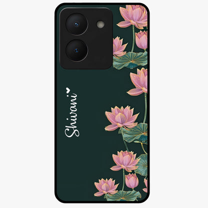Lotus Bloom Serenity Custom Name Glass Case showing flat back view with elegant lotus flower artwork and personalized name design.