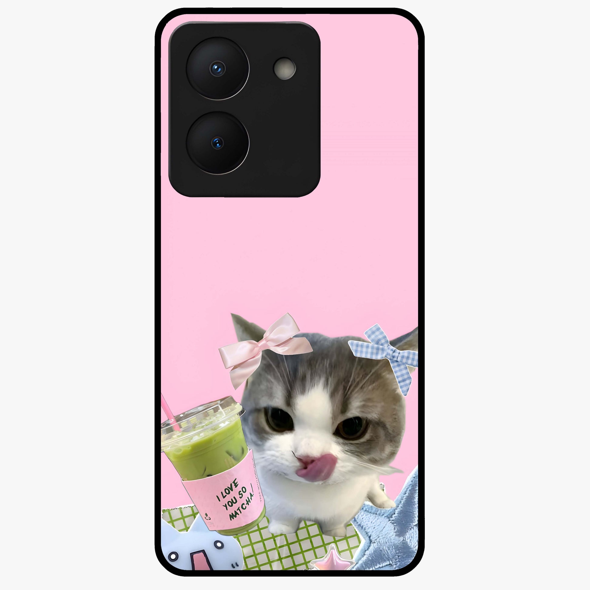 Love Matcha Cat Glass Case showing flat back view with cute cat and matcha themed artwork and glossy glass finish.