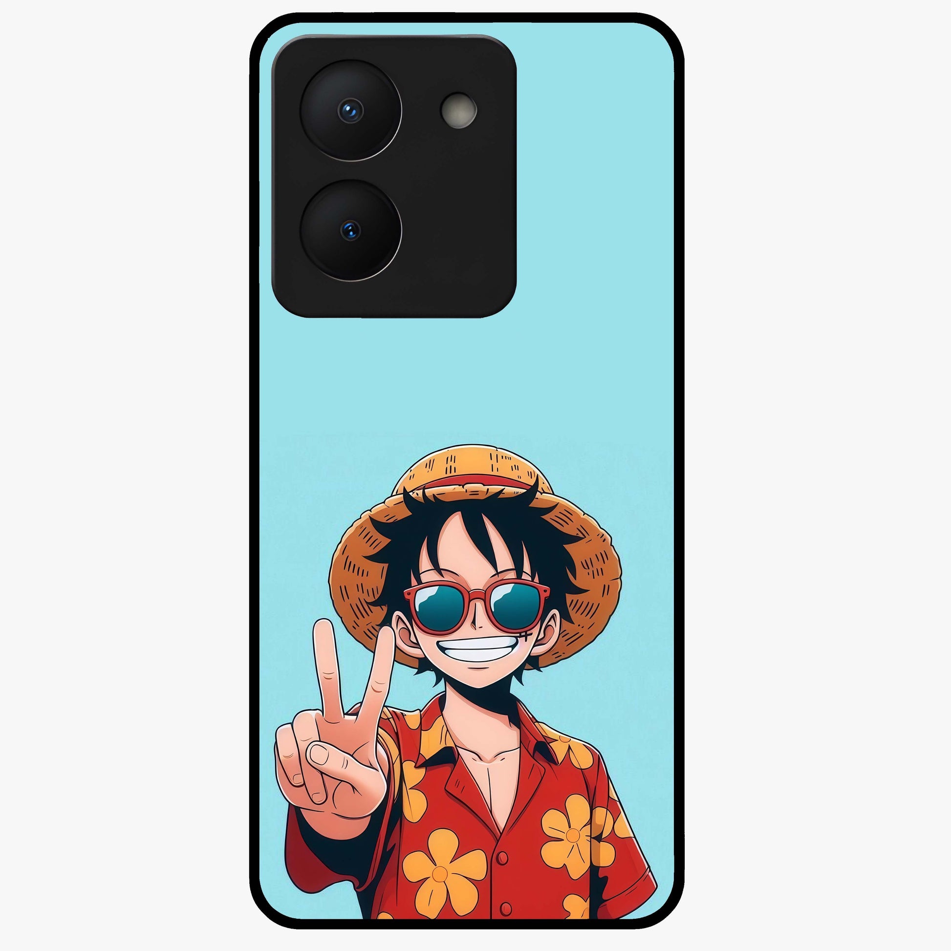 Luffy Summer Anime Vibe Glass Case showing flat back view with vibrant anime character artwork and glossy glass finish.