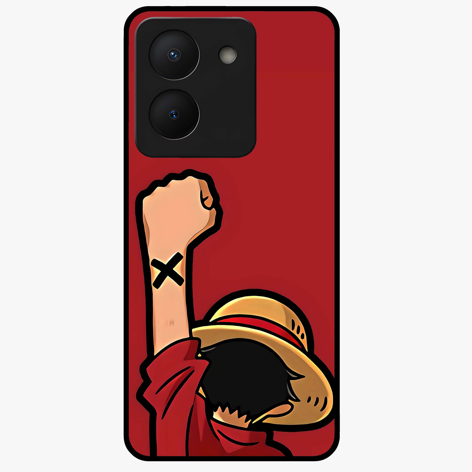Luffy X Spirit Glass Case showing flat back view with bold anime character artwork and glossy glass finish.