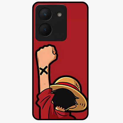Luffy X Spirit Glass Case showing flat back view with bold anime character artwork and glossy glass finish.