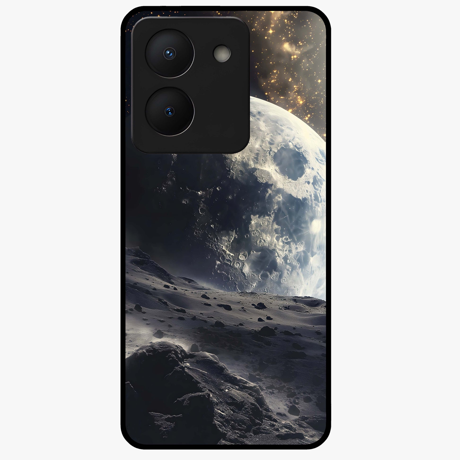 Lunar Horizon Glow Glass Case showing flat back view with glowing moon horizon artwork and glossy glass finish.