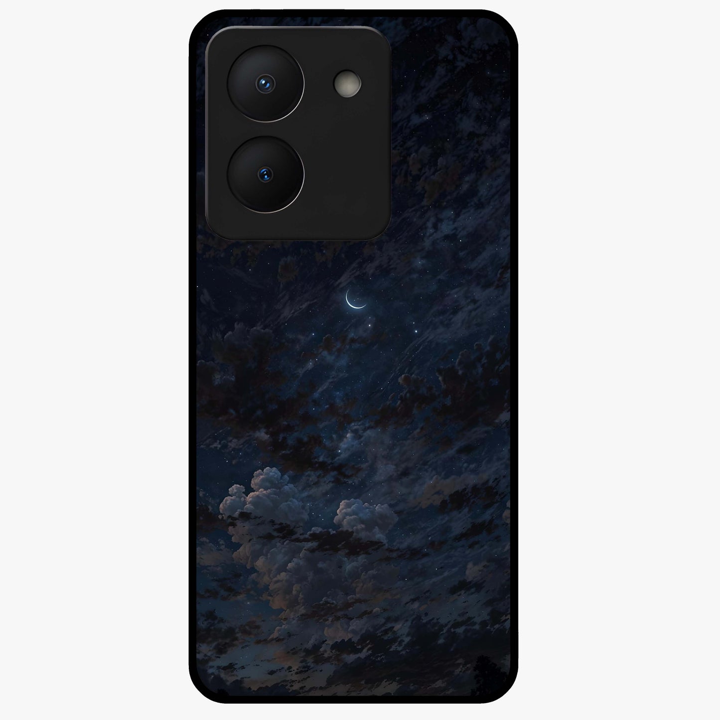 Lunar Veil Silence Glass Case showing flat back view with mystical moon veil artwork and glossy glass finish.