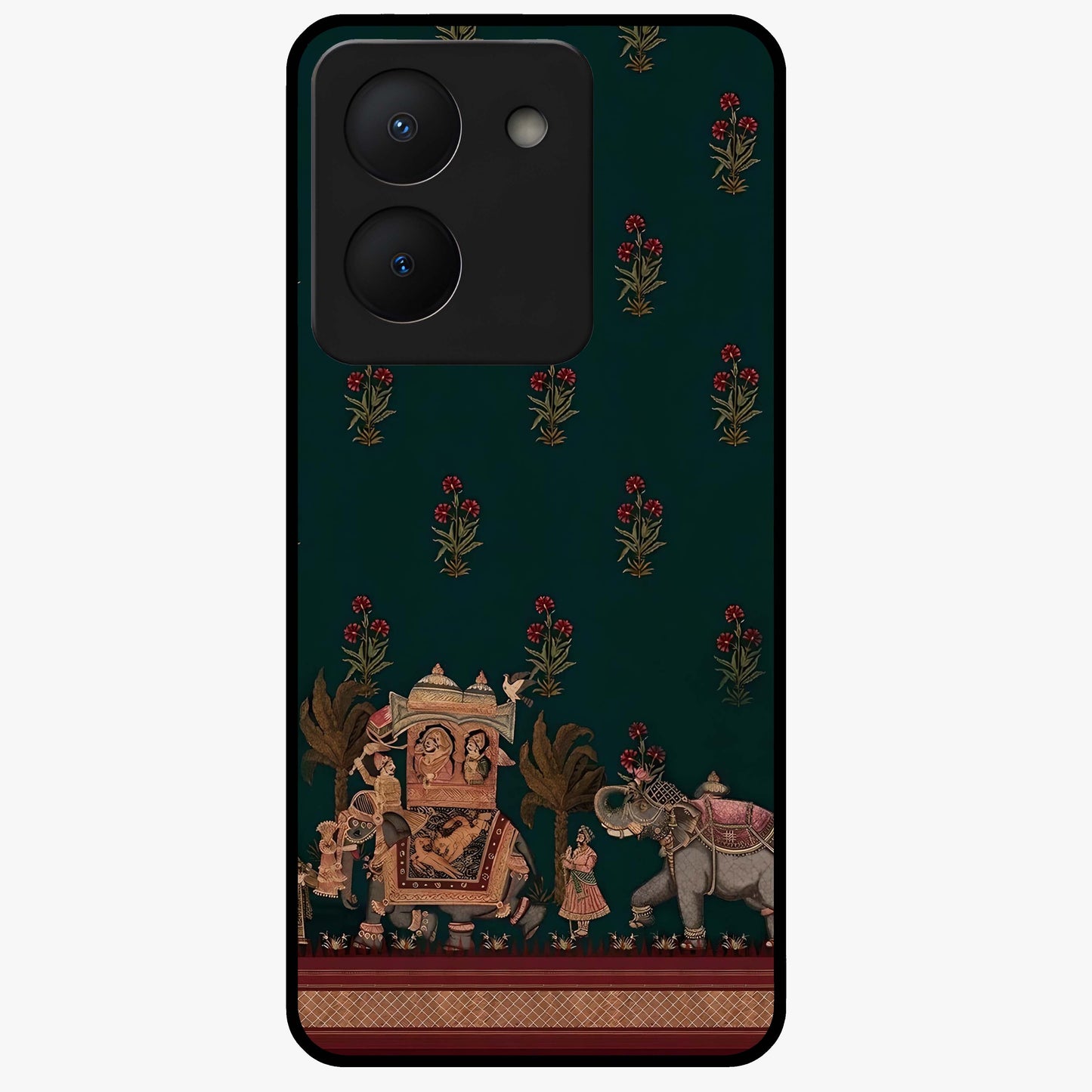 Macmerise Glass Case showing flat back view with stylish modern artwork and glossy glass finish.