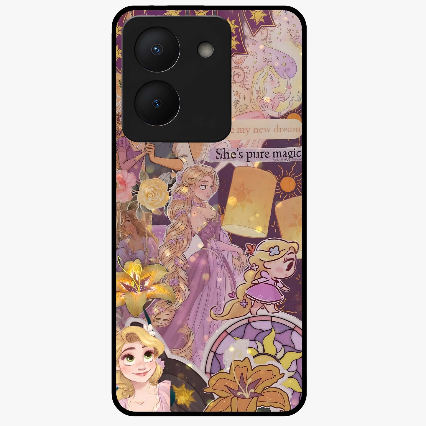 Magical Tangled Dream Glass Case showing flat back view with dreamy tangled artwork and glossy glass finish.