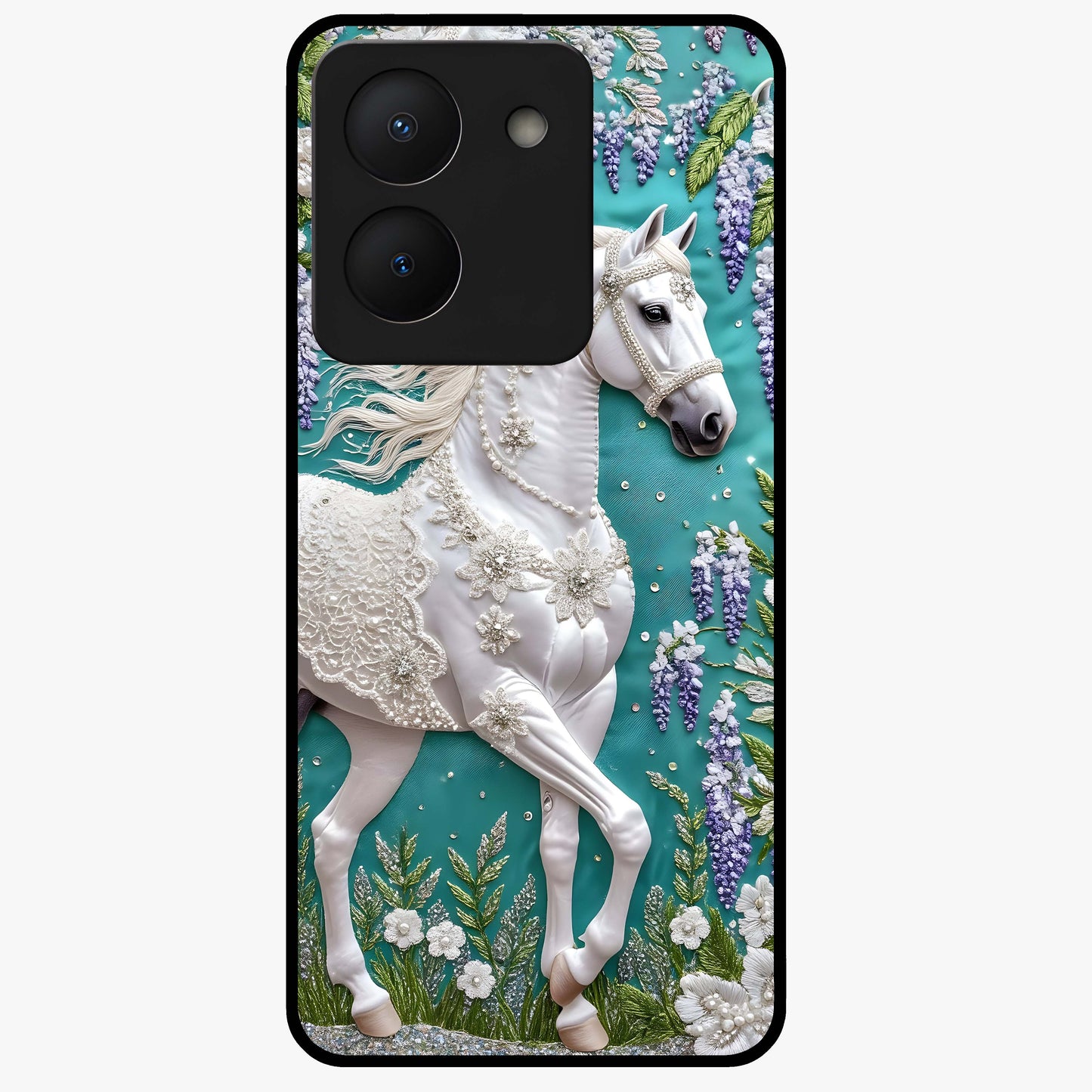 Majestic Floral Stallion Glass Case showing flat back view with powerful horse and floral artwork and glossy glass finish.