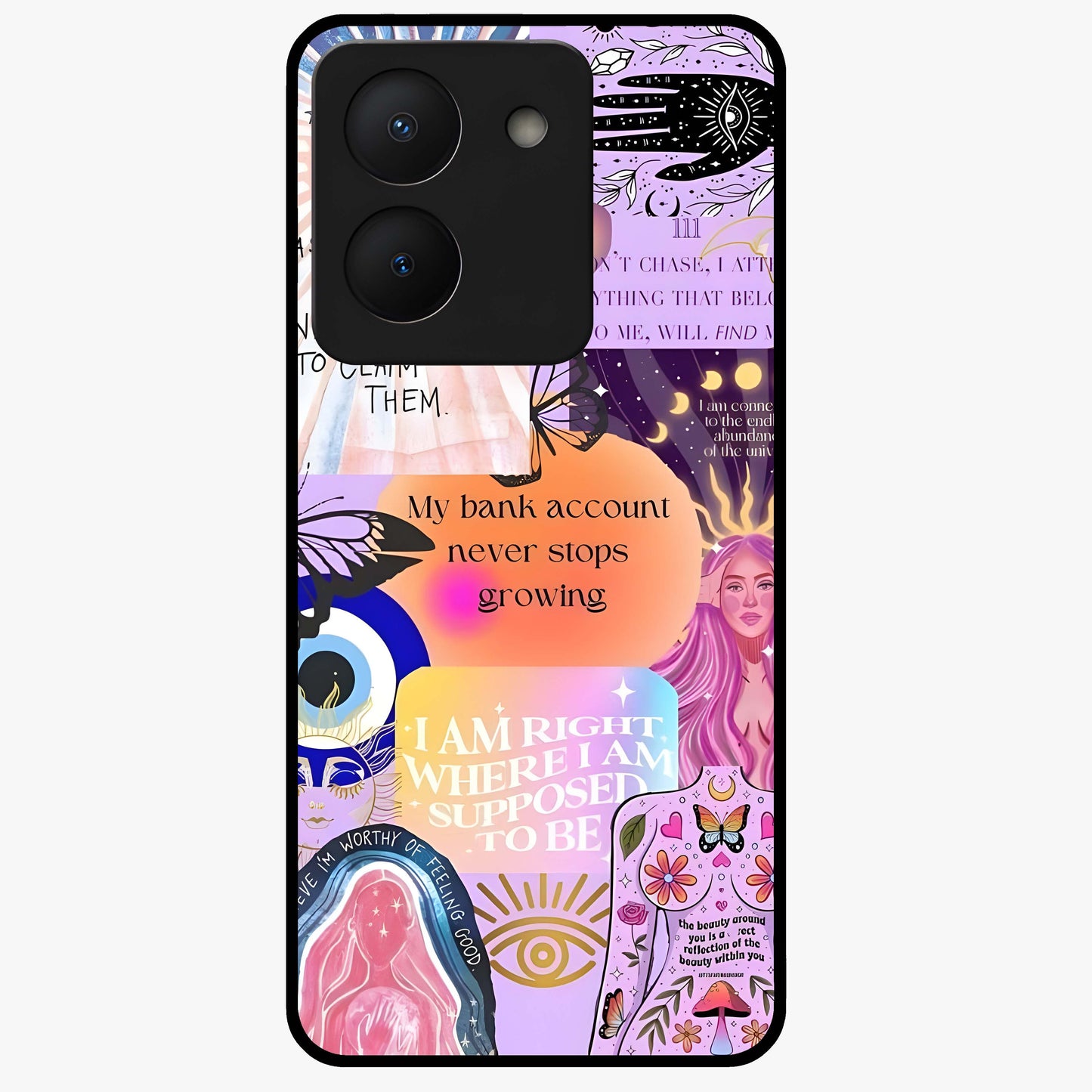 Manifestation Collage Glass Case showing flat back view with motivational collage artwork and glossy glass finish.