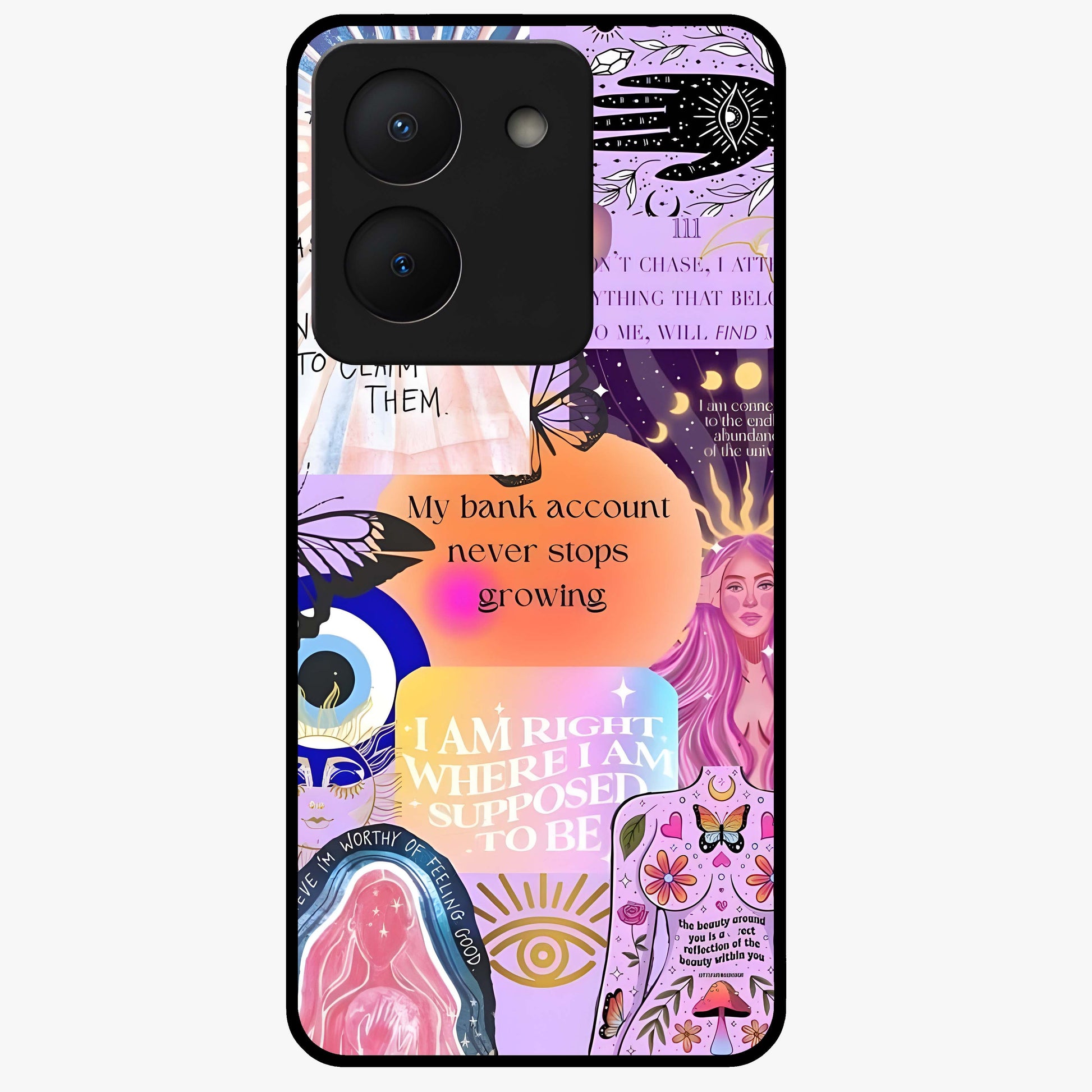 Manifestation Collage Glass Case showing flat back view with motivational collage artwork and glossy glass finish.