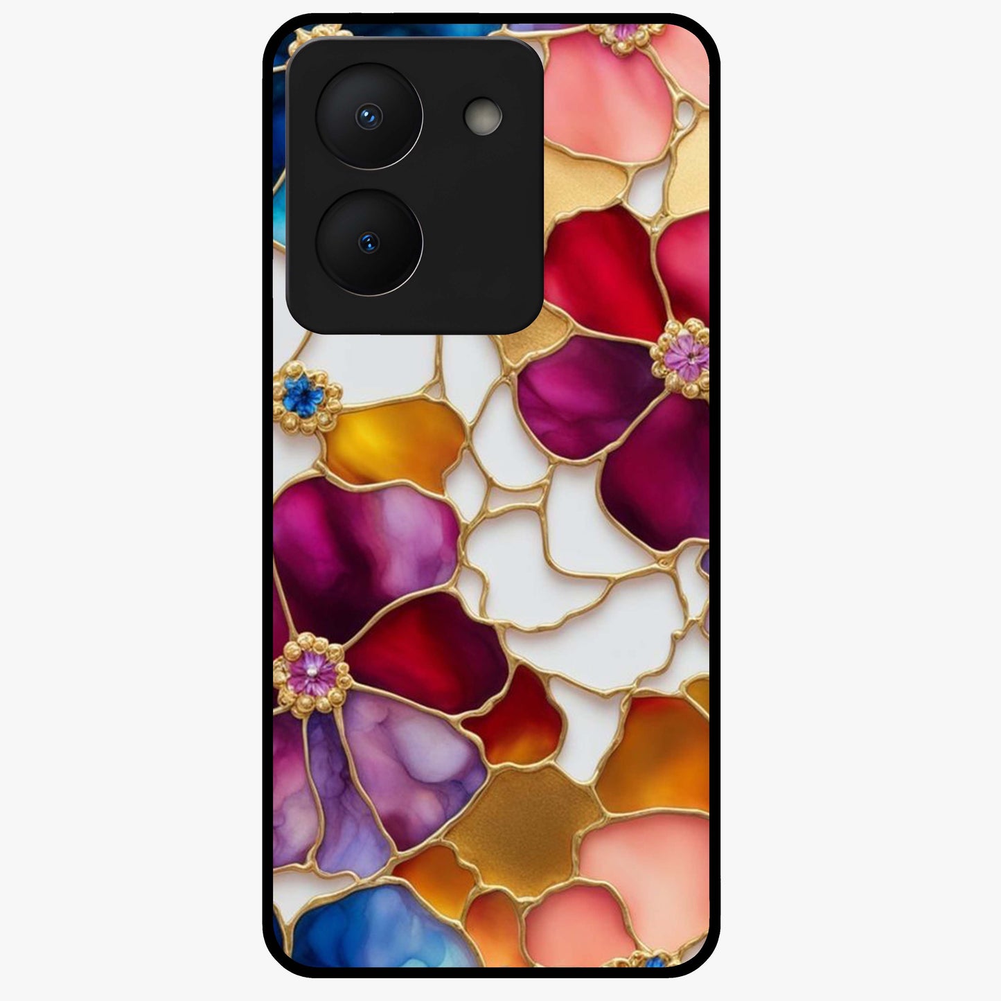 Marble Flower Pattern Glass Case showing flat back view with marble texture floral artwork and glossy glass finish.