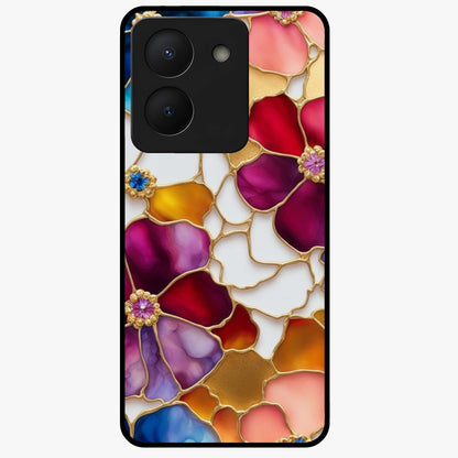 Marble Flower Pattern Glass Case showing flat back view with marble texture floral artwork and glossy glass finish.