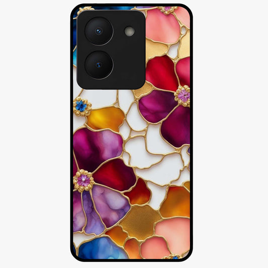 Marble Flower Pattern Glass Case showing flat back view with marble texture floral artwork and glossy glass finish.