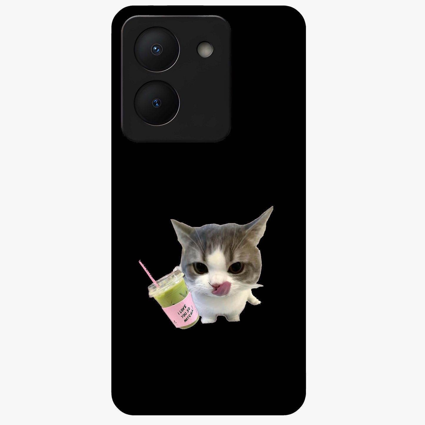 Matcha Cat Style Glass Case showing flat back view with cute matcha themed cat artwork and glossy glass finish.
