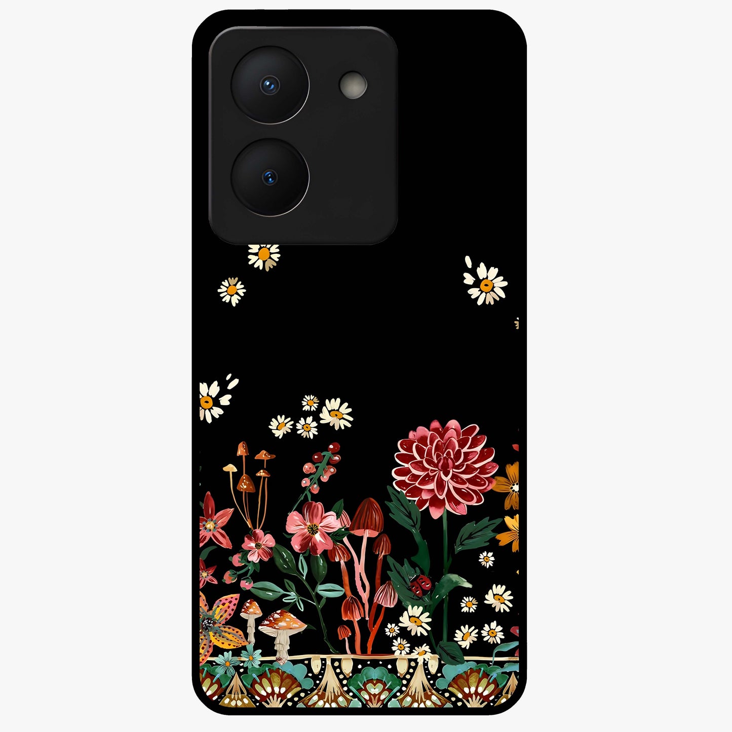 Midnight Bloom Pattern Glass Case showing flat back view with dark floral pattern artwork and glossy glass finish.