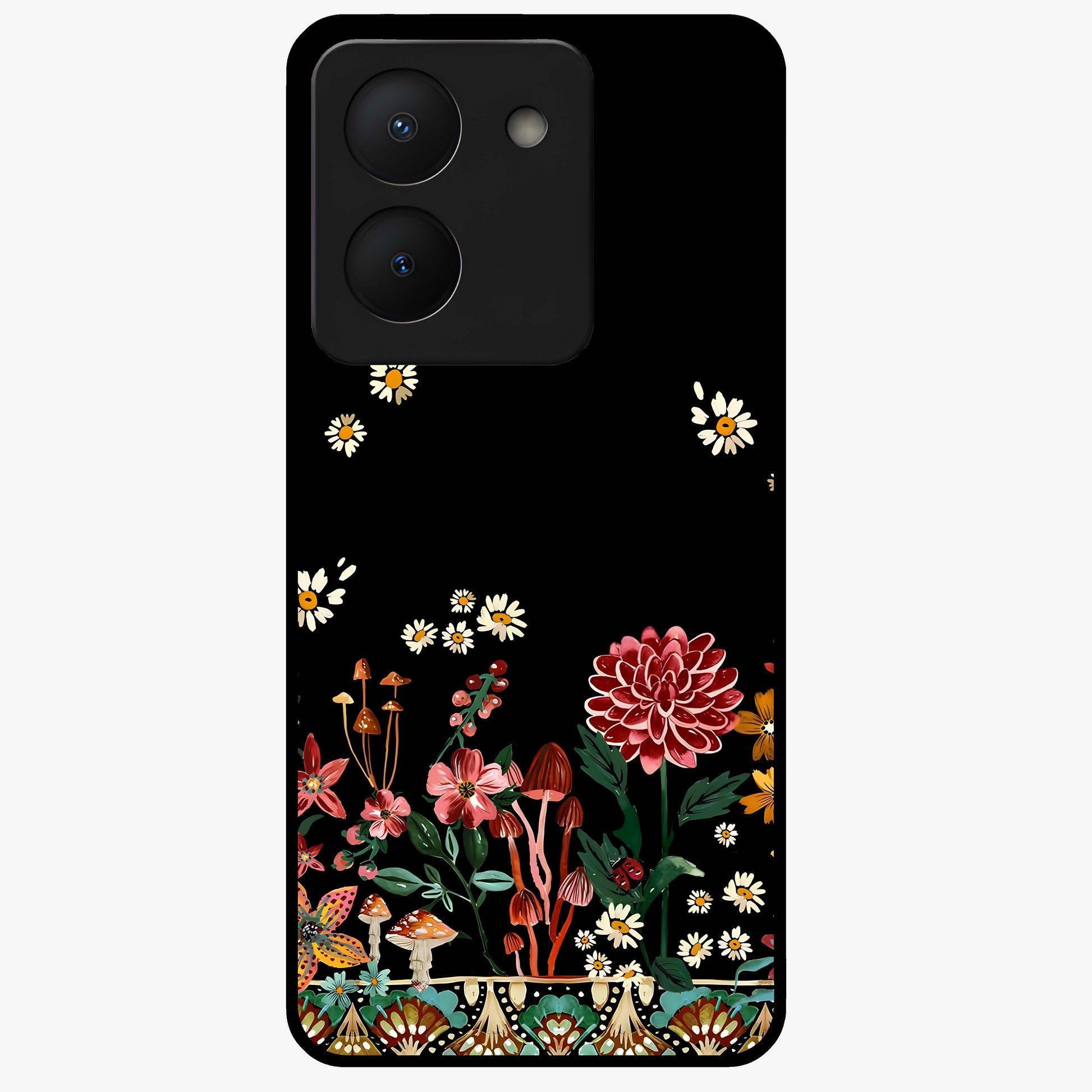 Midnight Bloom Pattern Glass Case showing flat back view with dark floral pattern artwork and glossy glass finish.